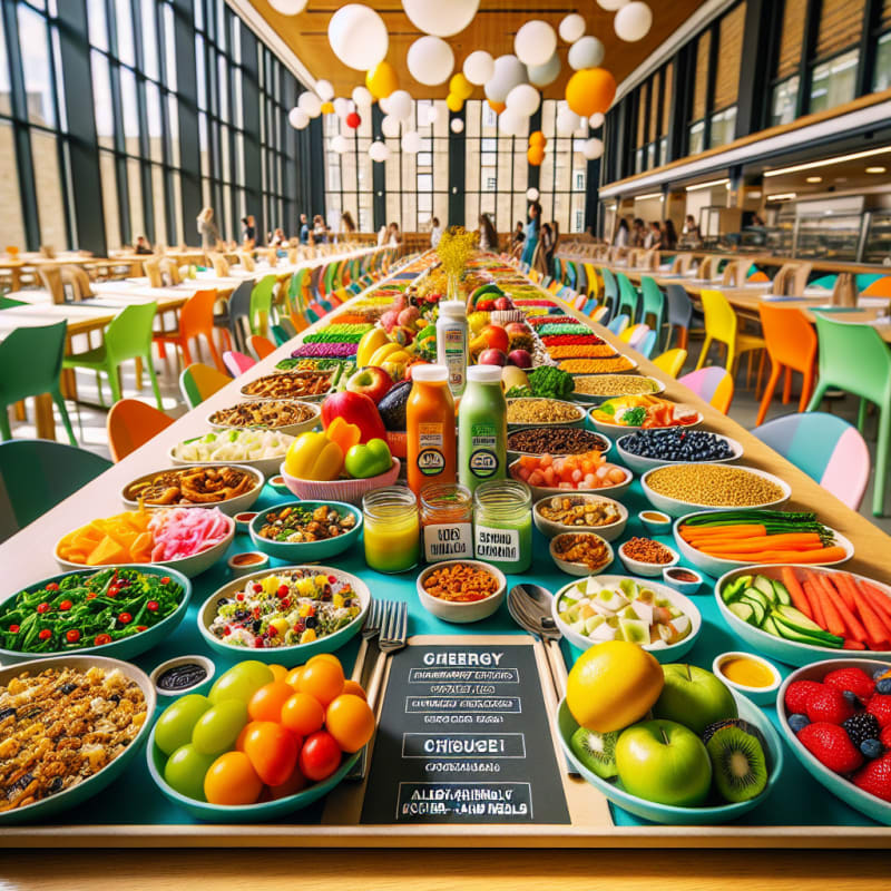 A vibrant university dining table filled with allergy-friendly kosher meals colorful fruits and vegetables ingredient labels and eco kitchen tools in bright natural lighting