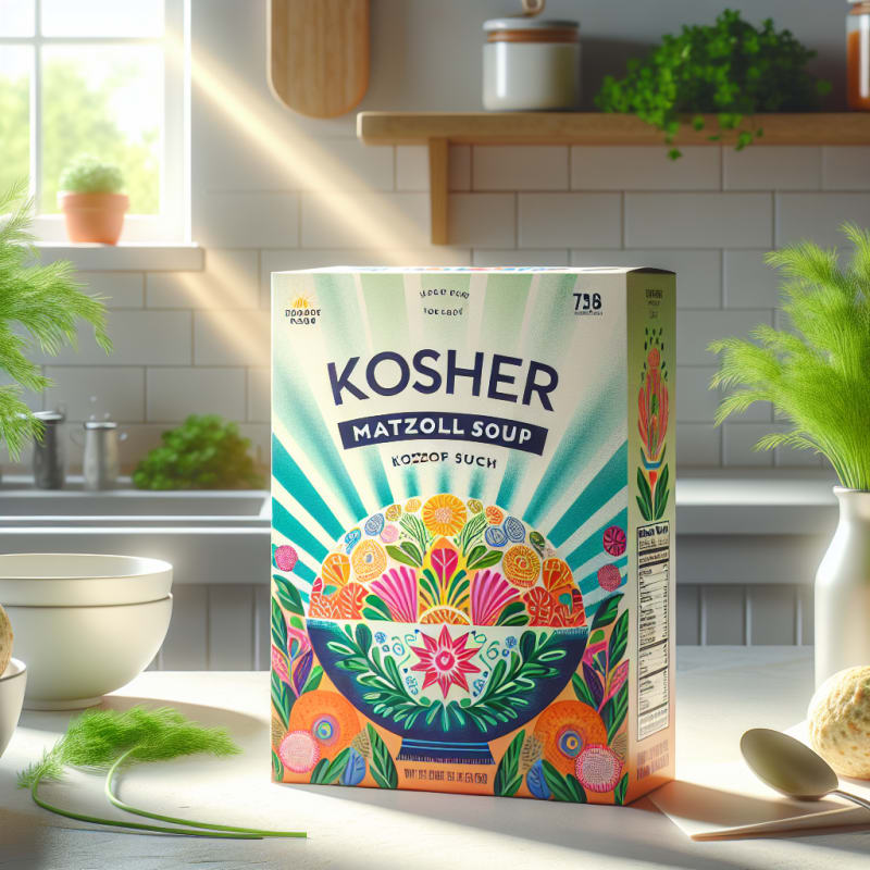 Bright kitchen countertop with colorful kosher matzo ball soup packaging fresh herbs and clean bowls sunlight streaming in highlighting food safety labels