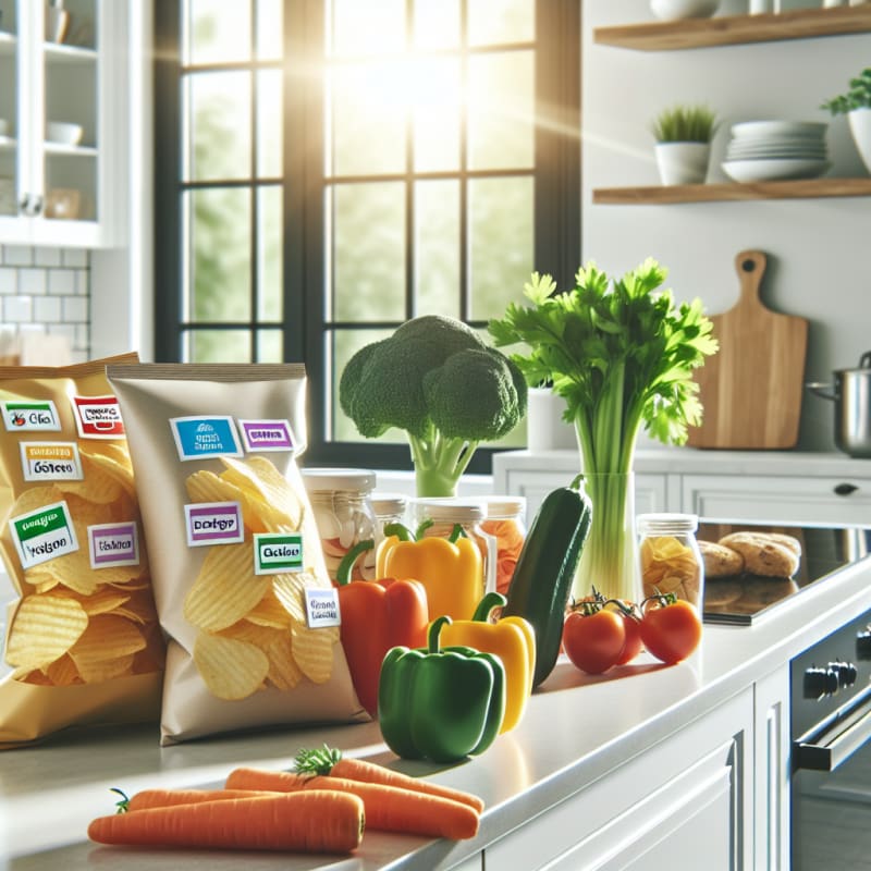 Bright modern kitchen counter with colorful bags of potato chips next to fresh vegetables and allergy-safe food labels sunlight streaming in with a clean healthy vibe