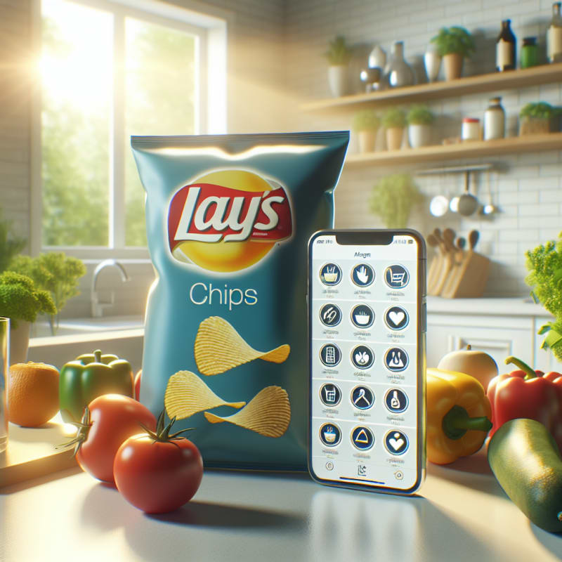 Bright kitchen countertop with neatly arranged Lays chips bags surrounded by allergy-safe food icons and modern mobile phone showing food label scanning app with soft daylight and fresh vegetables in the background