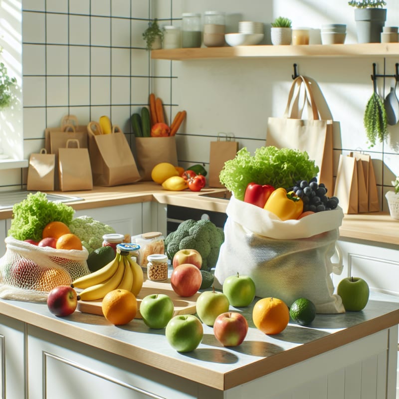 Bright kitchen counter covered with fresh fruits vegetables allergy-safe packaged foods eco-friendly grocery bags sunlight streaming in minimal modern decor cheerful color palette
