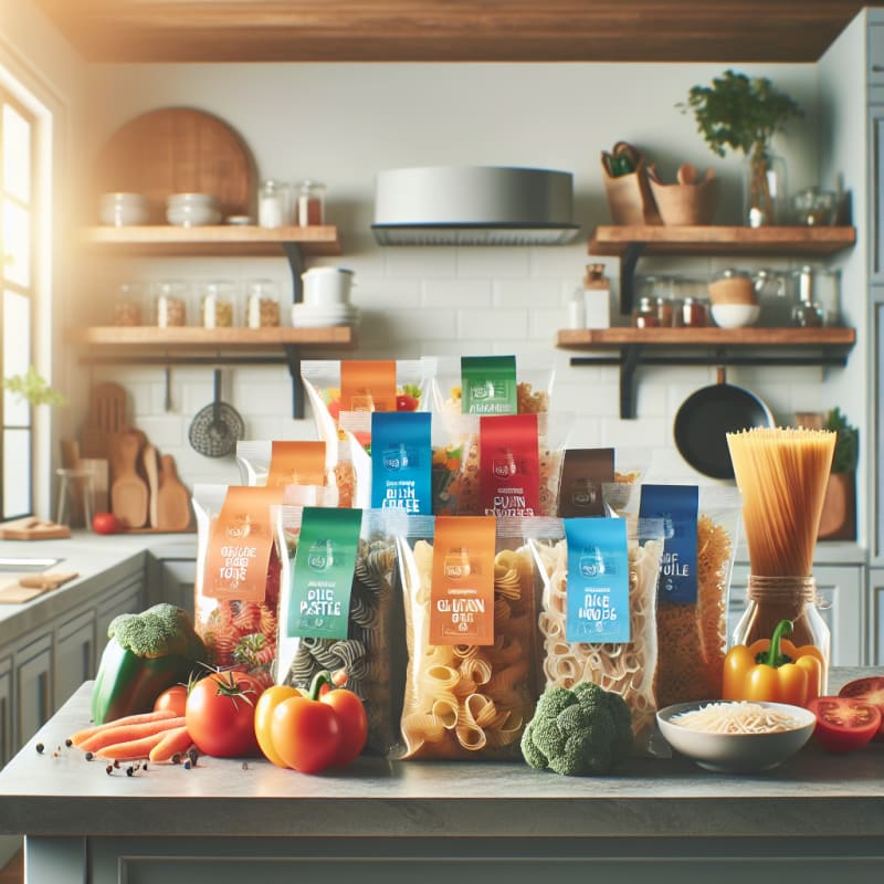 Bright kitchen countertop with colorful gluten-free pasta packages healthy ingredients like fresh vegetables and rice noodles clear food labels in natural light