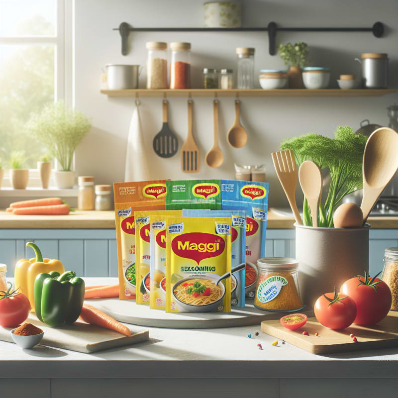 Bright kitchen countertop with Maggi seasoning packets food labels visible surrounded by fresh vegetables clean utensils colorful allergy-safe stickers eco-friendly packaging daylight streaming in