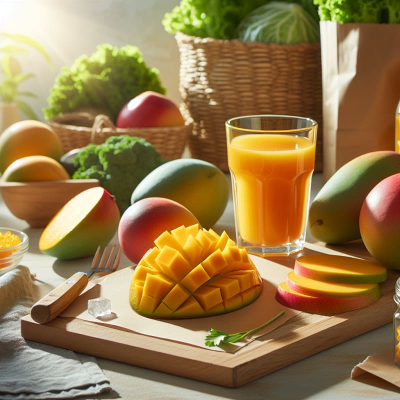 Bright colorful ripe mangoes sliced on a clean wooden board next to a glass of fresh mango juice surrounded by allergy safe food labels healthy groceries and leafy greens under natural sunlight cheerful atmosphere
