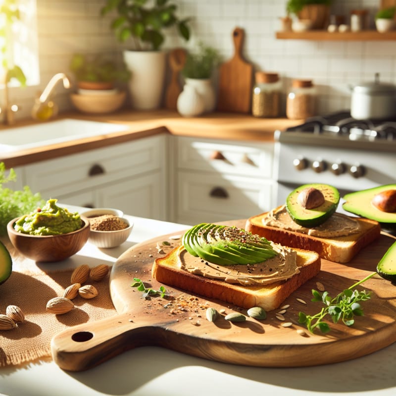 Bright sunny kitchen countertop with golden brown toast topped with creamy plant-based spread fresh ingredients like avocado and seeds scattered around cozy wooden cutting board cheerful morning light