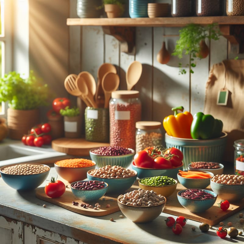 Bright kitchen countertop with colorful bowls of beans lentils and chickpeas surrounded by fresh vegetables and labeled food packages sunlit window in background cozy ambiance