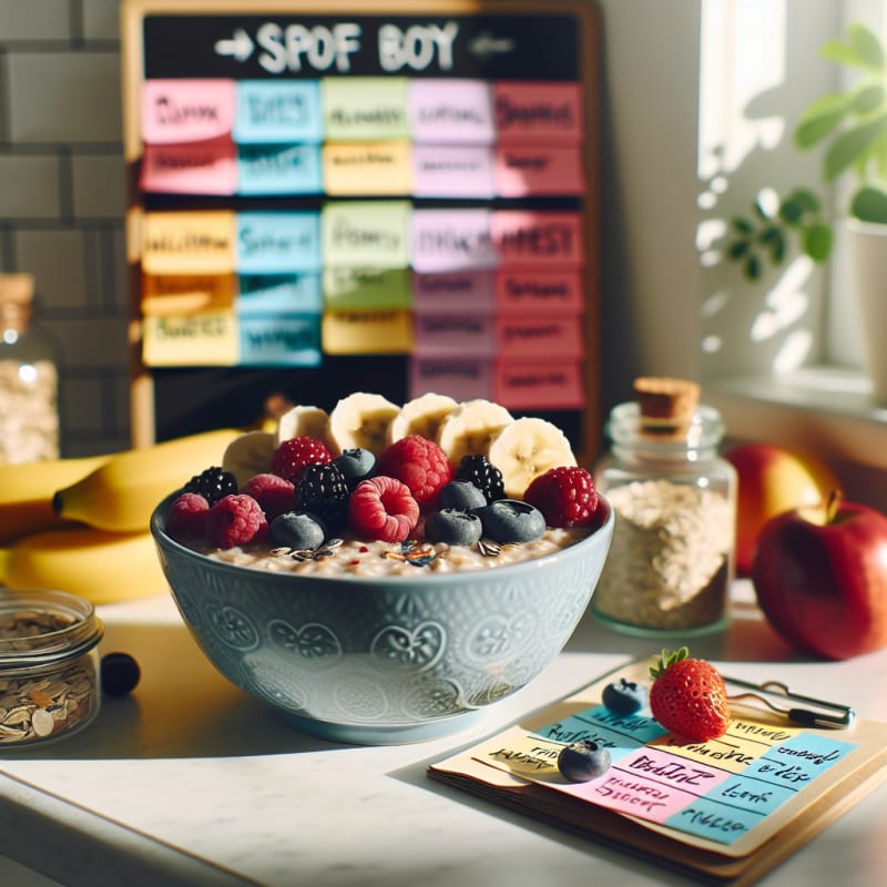 Bright kitchen counter with a bowl of oatmeal topped with fresh fruit and seeds surrounded by allergy-friendly food labels and a colorful grocery list soft morning light healthy and welcoming atmosphere
