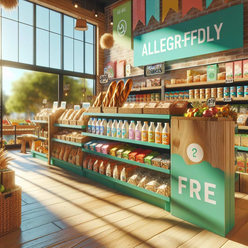 Bright colorful grocery store display with allergy friendly food options like gluten free bread dairy free milk and nut free snacks set on eco friendly shelves under natural sunlight with banners promoting food safety and healthy choices in the background