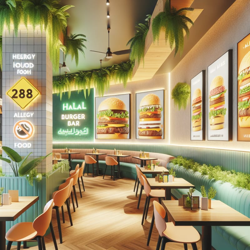 Bright cozy restaurant interior with vibrant green plant accents modern halal burger bar colorful menu boards soft lighting allergy friendly food signage no people inviting atmosphere