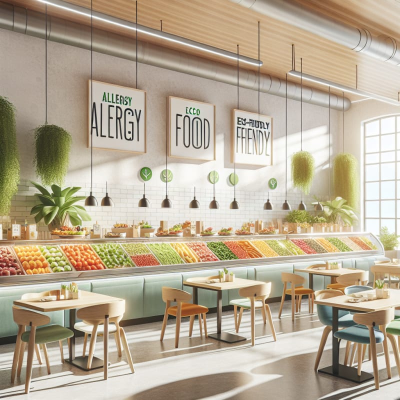 Bright modern kosher dining hall interior with colorful allergy-friendly food displays fresh fruits and vegetables eco-friendly signage and natural sunlight streaming through large windows