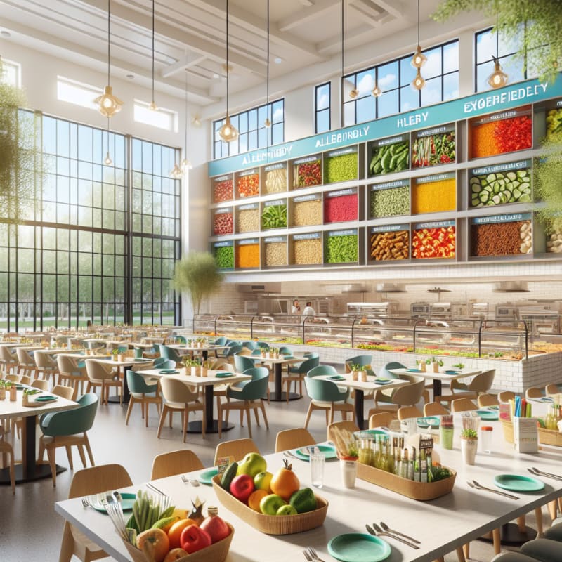 Bright welcoming kosher dining hall interior with colorful allergy-friendly food displays clear ingredient labels abundant natural light eco-friendly utensils modern kitchen backdrop