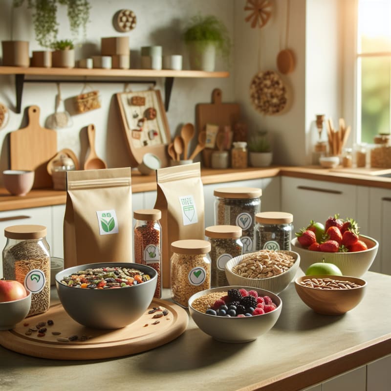 A bright inviting kitchen countertop with bowls of colorful gut-friendly snacks like seeds berries and whole grains arranged neatly next to food safety labels and eco-friendly packaging with sunlight streaming in through a nearby window