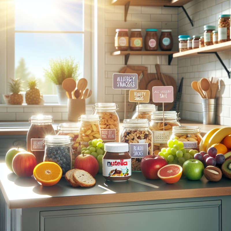 Bright kitchen countertop with jars of Nutella healthy snacks fresh fruit allergy-safe ingredient labels sunlight streaming through window hopeful atmosphere