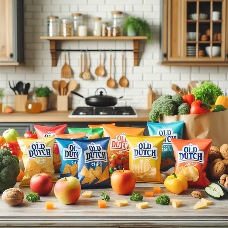 Bright kitchen countertop with colorful bags of Old Dutch chips beside allergy-safe snack alternatives natural light cheerful healthy ingredients visible no people hopeful mood