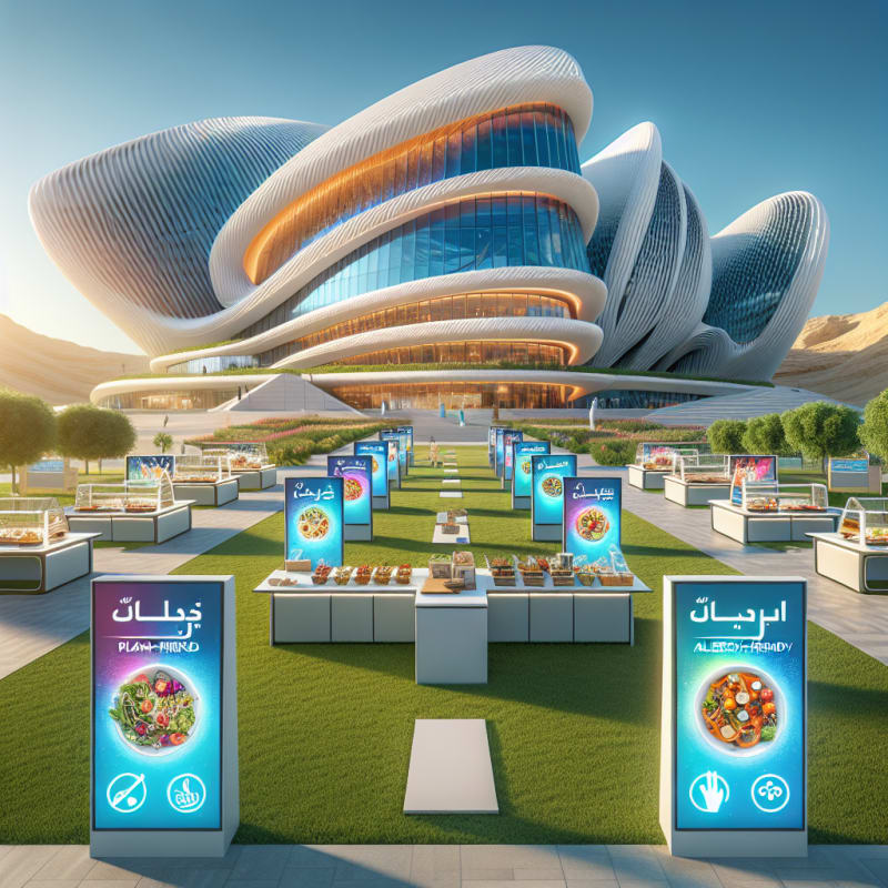 Bright modern Oman conference center surrounded by lush greenery and plant-based food displays under clear blue sky with digital screens showing allergy friendly icons and futuristic food labels vibrant color palette with soft sun rays