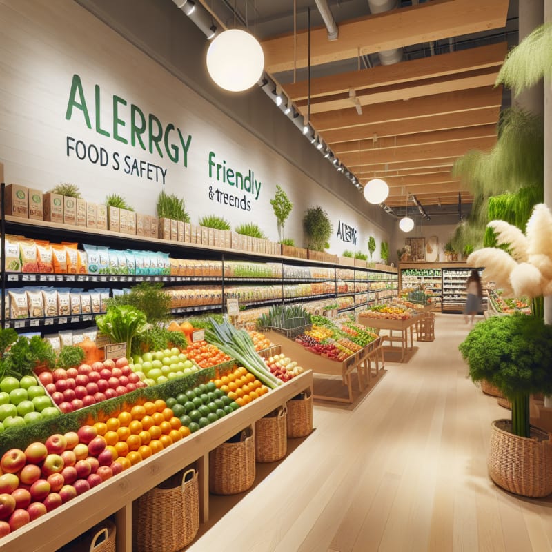 A bright well-lit grocery store aisle with colorful organic produce and allergy-friendly packaged foods on natural wood shelves surrounded by soft green plants and clean signage for food safety trends