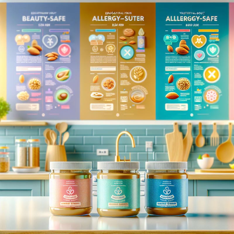 A bright modern kitchen counter with clear labeled jars of peanut butter almond butter and sunflower seed butter with allergy-safe icons and educational infographics about infant nutrition displayed on a vibrant clean background