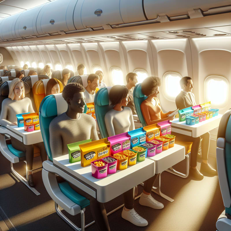 Bright airplane cabin interior with colorful allergy-safe snack packaging on tray tables sunlight streaming through windows positive and hopeful mood emphasizing food safety