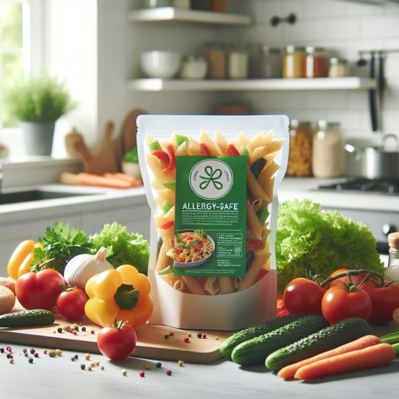 Bright kitchen countertop with allergy-safe pasta meal packaging surrounded by colorful fresh vegetables healthy ingredients and food safety labels in soft natural light