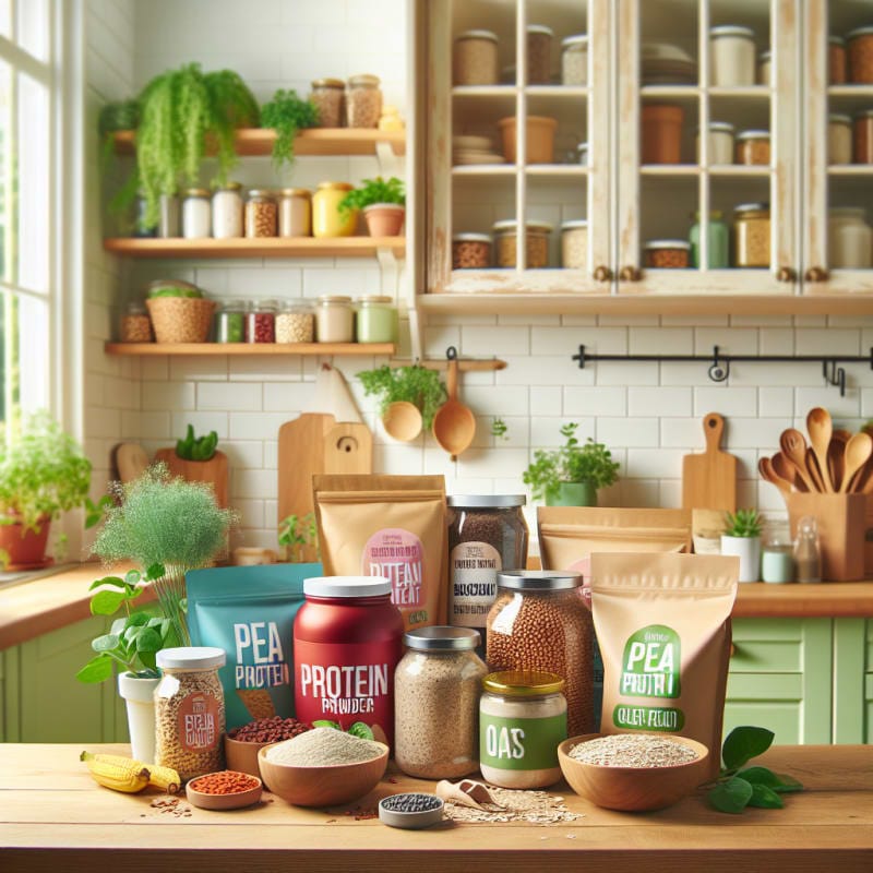 A bright and inviting kitchen scene with various colorful allergy-friendly foods displayed on a wooden countertop including pea protein powder oats buckwheat and packaged foods with clear ingredient labels soft natural lighting lots of green plants and a calming atmosphere