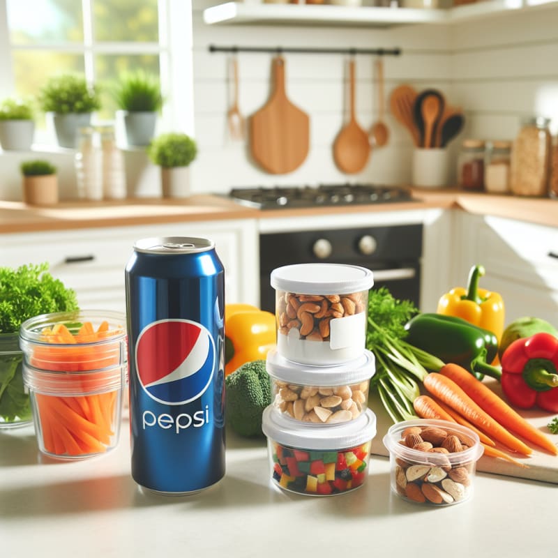 A bright modern kitchen countertop with a can of Pepsi next to keto-friendly foods clean labels visible fresh vegetables and nut containers soft natural lighting hopeful color palette