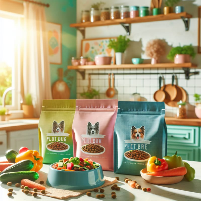 Bright kitchen countertop with colorful bags of plant-based dog food next to bowls filled with fresh veggies and grains sunlight streaming in window cheerful pastel colors