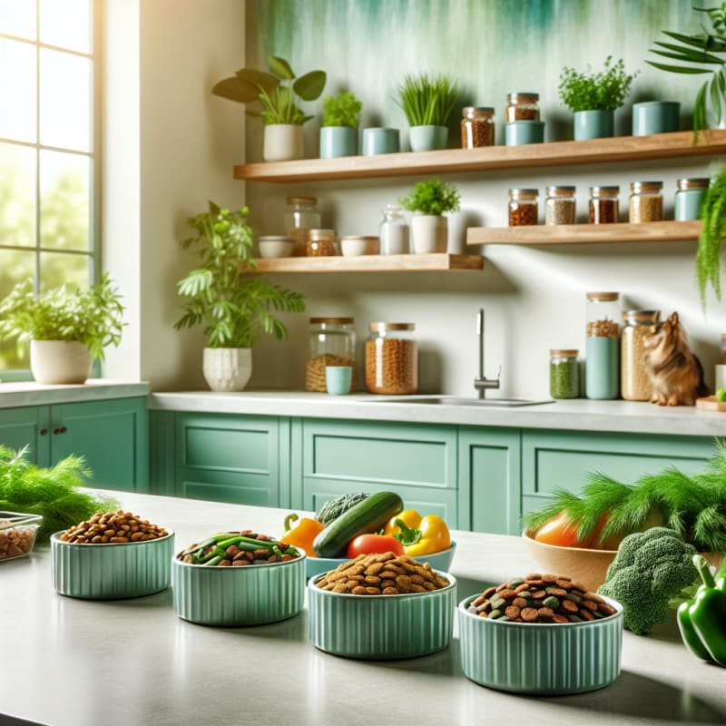 A vibrant modern kitchen countertop with neatly arranged plant-based dog food bowls fresh vegetables and grains bright natural light soft green and blue tones healthy pet environment