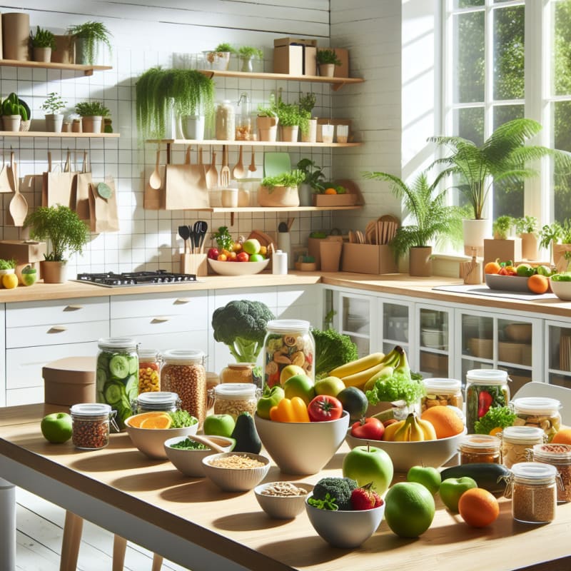 bright sunny modern kitchen with vibrant plant-based foods neatly arranged allergy-safe labels visible eco-friendly packaging fresh fruits vegetables grains clean minimal style hopeful atmosphere