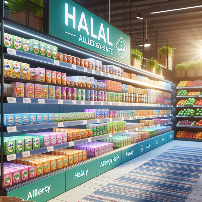 A vibrant display of halal-certified packaged foods with clear allergy-safe labels arranged on bright shelves in a modern supermarket with natural sunlight and fresh produce around conveying safety and optimism