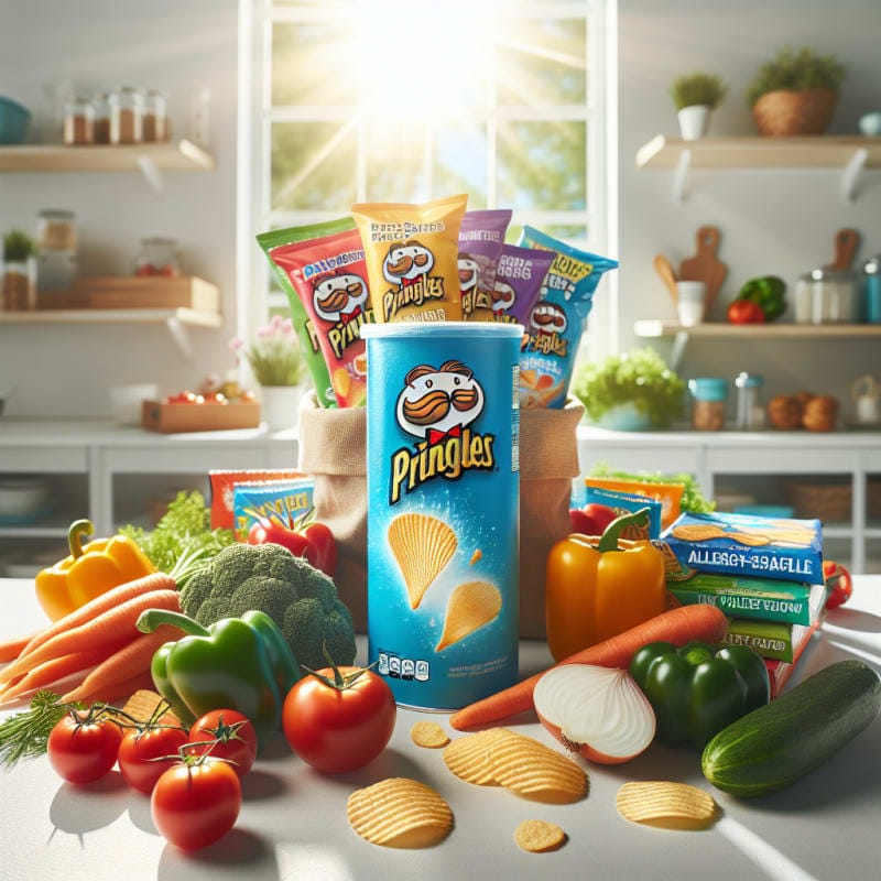 A bright colorful arrangement of Pringles chips and snack packaging on a clean white kitchen countertop with fresh vegetables and allergy-safe food labels nearby natural daylight emphasizing clarity and hope