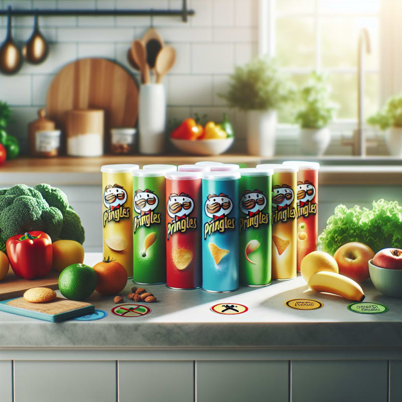 Brightly colored Pringles cans arranged on a clean kitchen countertop surrounded by fresh allergy-friendly ingredients and food safety labels soft natural daylight hopeful atmosphere