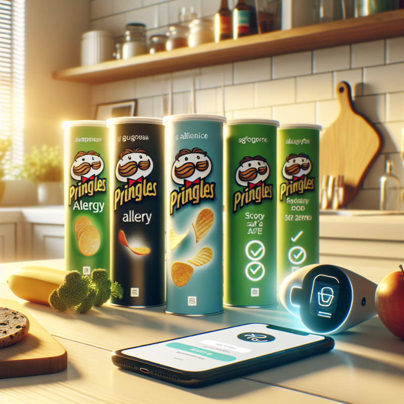 Bright kitchen countertop with Pringles cans surrounded by allergy-safe food labels modern grocery scanner smartphone eco-friendly packaging cheerful lighting