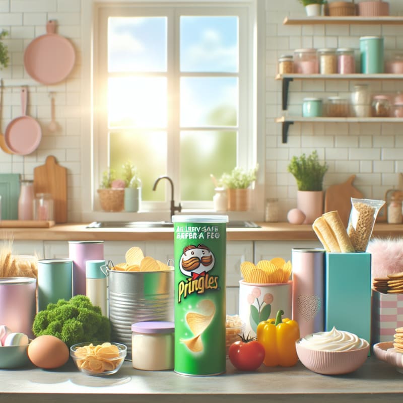 Bright kitchen countertop with Pringles cans assorted food labels visible allergy-safe snack options soft pastel colors natural light fresh healthy ingredients