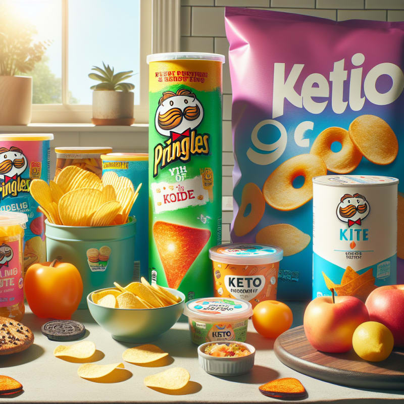 A colorful flat lay of Pringles chips next to keto-friendly snacks bright food packaging clear ingredient labels and allergy alert symbols set on a clean modern kitchen counter with natural light optimistic mood