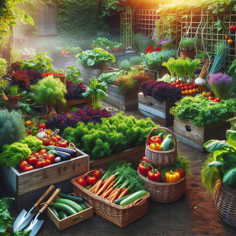 A vibrant kitchen garden bursting with colorful vegetables raised garden beds with fresh herbs and leafy greens visible under soft morning sunlight eco-friendly tools and rustic baskets filled with produce