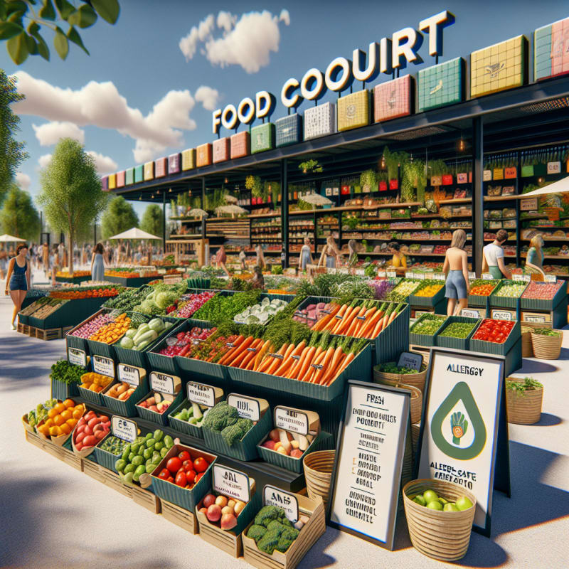 Colorful open air farm stand with fresh local produce bright food court signs allergy safe labels and modern eco friendly grocery baskets under sunny sky