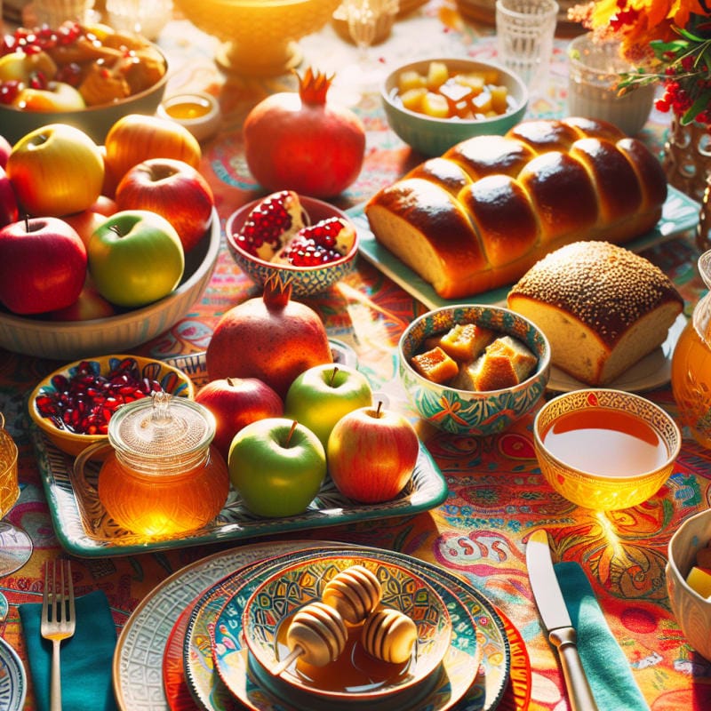A vibrant holiday table set with colorful allergy-friendly Rosh Hashanah dishes apples honey pomegranates and gluten free challah on a bright linen with soft sunlight