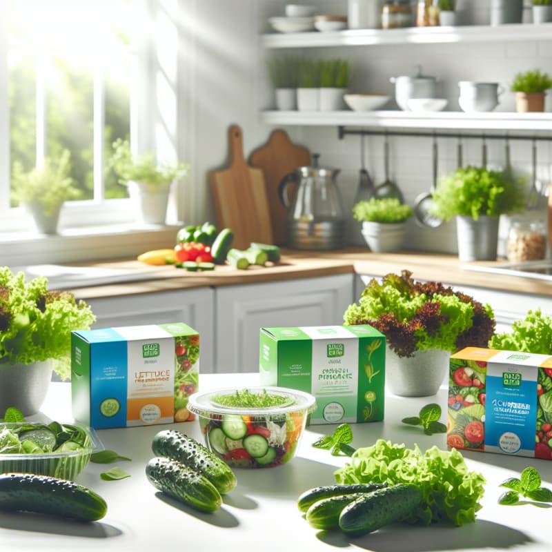 Bright fresh salad kits on a white kitchen counter with green produce and colorful packaging clear food labels healthy ingredients soft natural light uplifting atmosphere