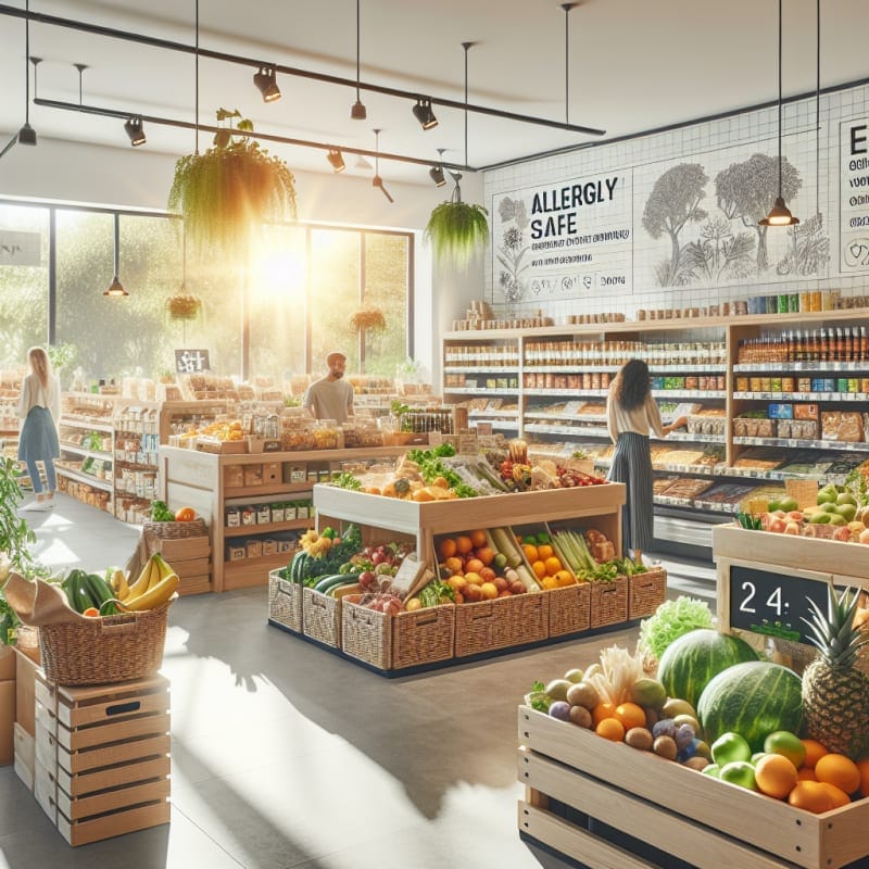 Bright modern vegan grocery store interior with fresh colorful produce allergy-safe packaged foods clear food labels eco-friendly displays sunlit windows clean shelves inviting atmosphere