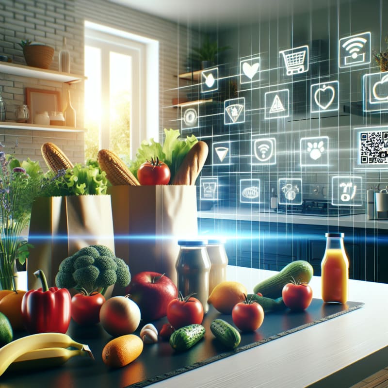 A bright modern kitchen countertop with fresh groceries and vibrant food packages surrounded by digital icons of allergy warnings and QR code scanners natural daylight hopeful color palette