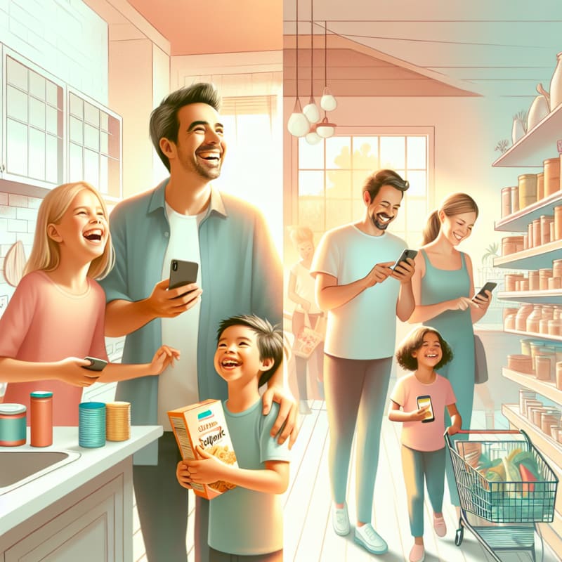 Bright kitchen countertop with colorful food packages and a digital scanning device next to a clear allergy-friendly label fresh fruits and vegetables arranged in a modern eco-friendly kitchen lots of natural light and a sense of safety and hope