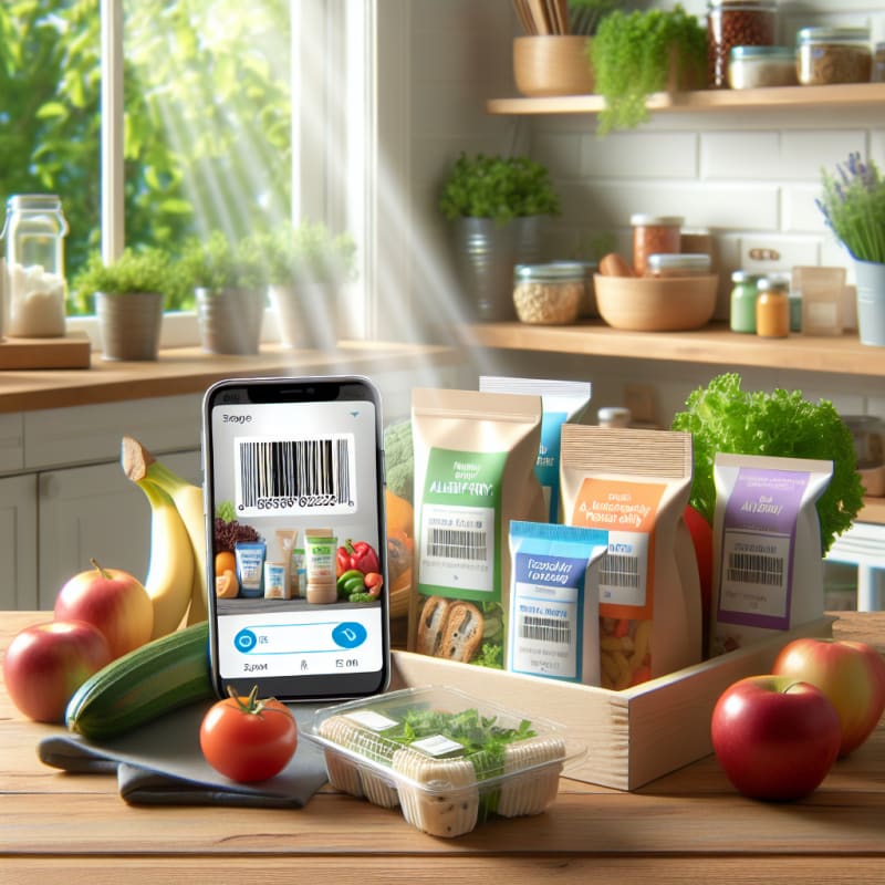 Bright cheerful kitchen counter with healthy packaged foods and fresh produce clear allergy-friendly labels on packages smartphone scanning barcode green leaves and sunlight streaming through window