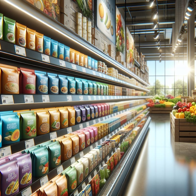 A bright modern grocery shelf filled with colorful packaged foods featuring clear ingredient labels and allergy safe symbols sunlight streaming in fresh produce in background
