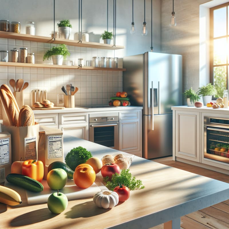 Bright modern kitchen with fresh colorful groceries on a wood countertop surrounded by clean food packaging with clear allergen labels and sunlit window