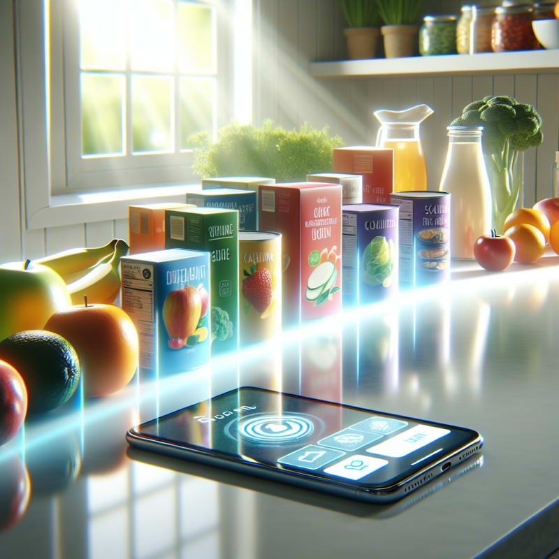 A bright kitchen counter with colorful packaged foods and clear ingredient labels placed next to a sleek smartphone with a scanning app open surrounded by fresh fruits and vegetables sunlight streaming in for a clean hopeful atmosphere