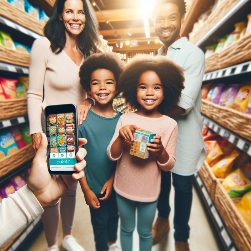 Bright modern kitchen counter with fresh groceries and colorful packaged foods clear digital scan icons glowing over food eco-friendly shopping bags shelves with gluten-free labels natural sunlight hopeful atmosphere