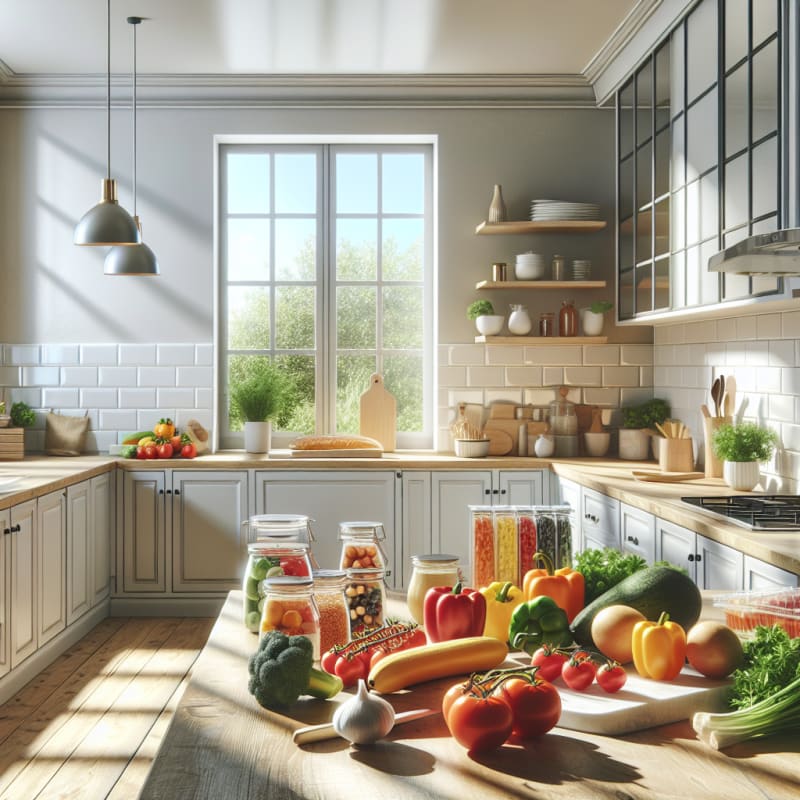 Bright modern European kitchen with colorful shellfish-free ingredients fresh vegetables allergy-safe packaged foods clean wooden counters natural sunlight hopeful vibe
