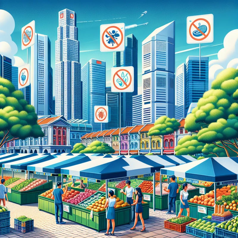 A vibrant illustration of a modern Singapore cityscape with clear signage highlighting food safety and allergy awareness symbols bright blue sky green trees and fresh produce stands