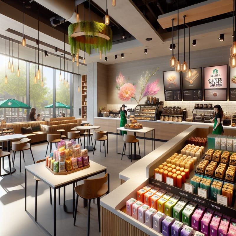Bright modern Starbucks store interior with colorful gluten-free treats and protein-rich snacks on display surrounded by green plants and soft natural daylight