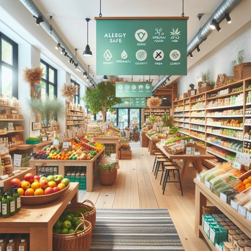 A bright inviting natural food store interior featuring fresh organic produce allergy-safe food labels eco-friendly packaging and colorful shelves with soft natural light